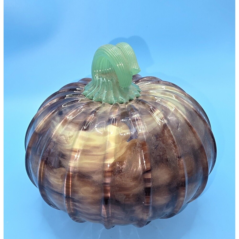Seasonal Glass Pumpkin Figurine Brown w/ Green Stem, Freestanding 5in L x 4in H